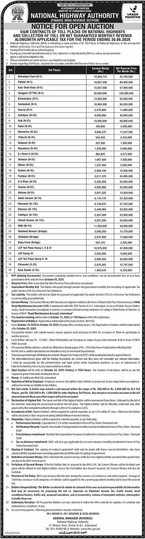 National Highway Authority Islamabad Tender Notice